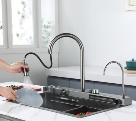 Мойка врезная многофункциональная 75х46 см, глубина 21см графит OUTE (арт. T87546Y+T709Y) оптом от компании Аквалига
