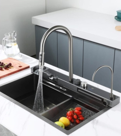 Мойка врезная многофункциональная 75х46 см, глубина 21см графит OUTE (арт. T87546Y+T709Y) оптом от компании Аквалига
