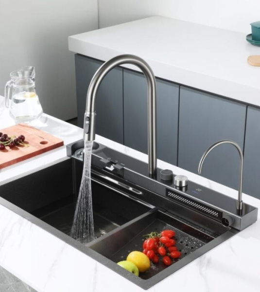 Мойка врезная многофункциональная 75х46 см, глубина 21см графит OUTE (арт. T87546Y+T709Y) оптом от компании Аквалига
