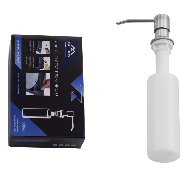 Дозатор жидкого мыла для кухонной мойки с колбой сатин FASHUN (арт. A403) оптом от компании Аквалига
