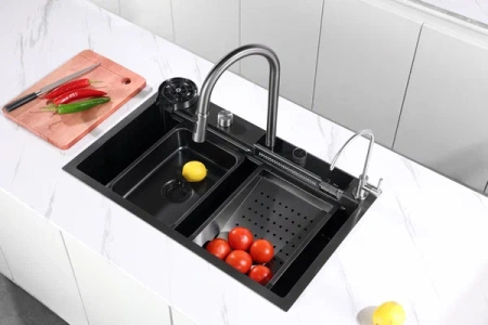 Мойка врезная многофункциональная 75х46 см, глубина 21см графит OUTE (арт. T87546Y-1+T710Y) оптом от компании Аквалига
