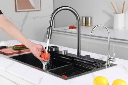 Мойка врезная многофункциональная 75х46 см, глубина 21см графит OUTE (арт. T87546Y-1+T710Y) оптом от компании Аквалига
