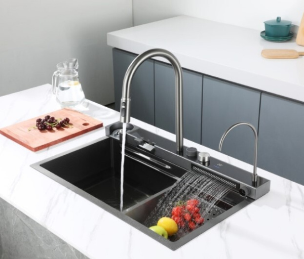 Мойка врезная многофункциональная 75х46 см, глубина 21см графит OUTE (арт. T87546Y+T709Y) оптом от компании Аквалига
