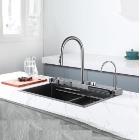 Мойка врезная многофункциональная 75х46 см, глубина 21см графит OUTE (арт. T87546Y+T709Y) оптом от компании Аквалига
