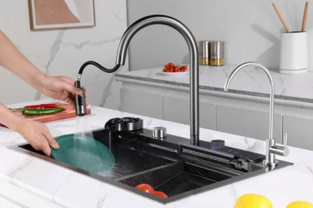 Мойка врезная многофункциональная 75х46 см, глубина 21см графит OUTE (арт. T87546Y-1+T710Y) оптом от компании Аквалига
